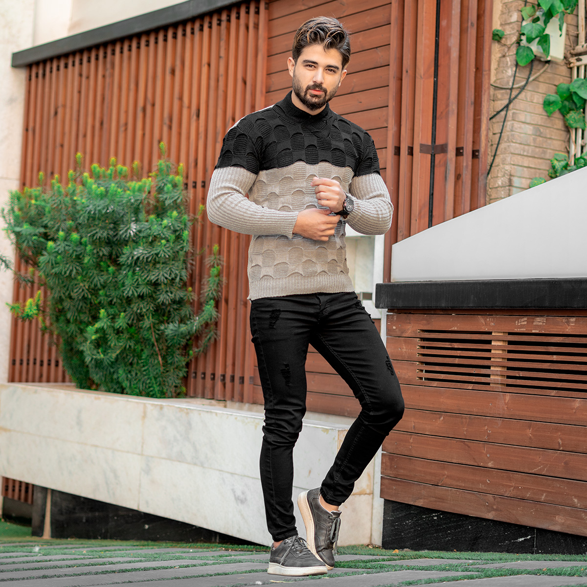 پلیور دورنگ مشکی کرم مردانه مدلArkia