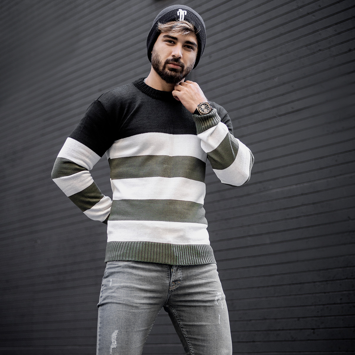 پلیور راه راه سبزسفید مردانه مدل Sosha