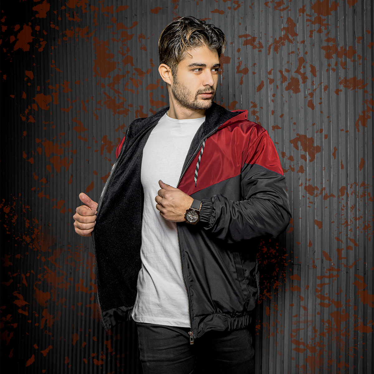 کاپشن مردانه مشکی زرشکی مدل K64