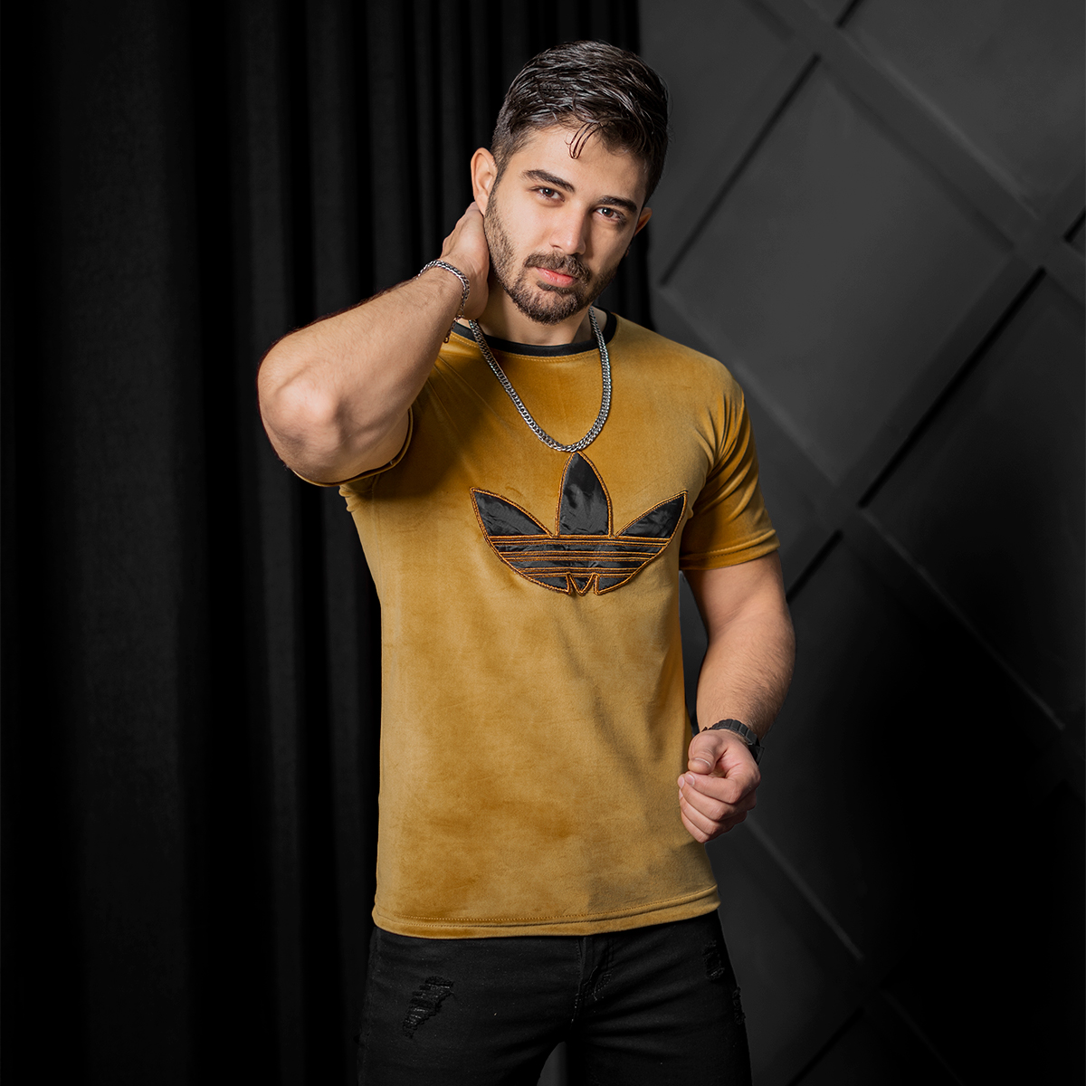 تیشرت مخملی خردلی Adidas مردانه مدلRasa