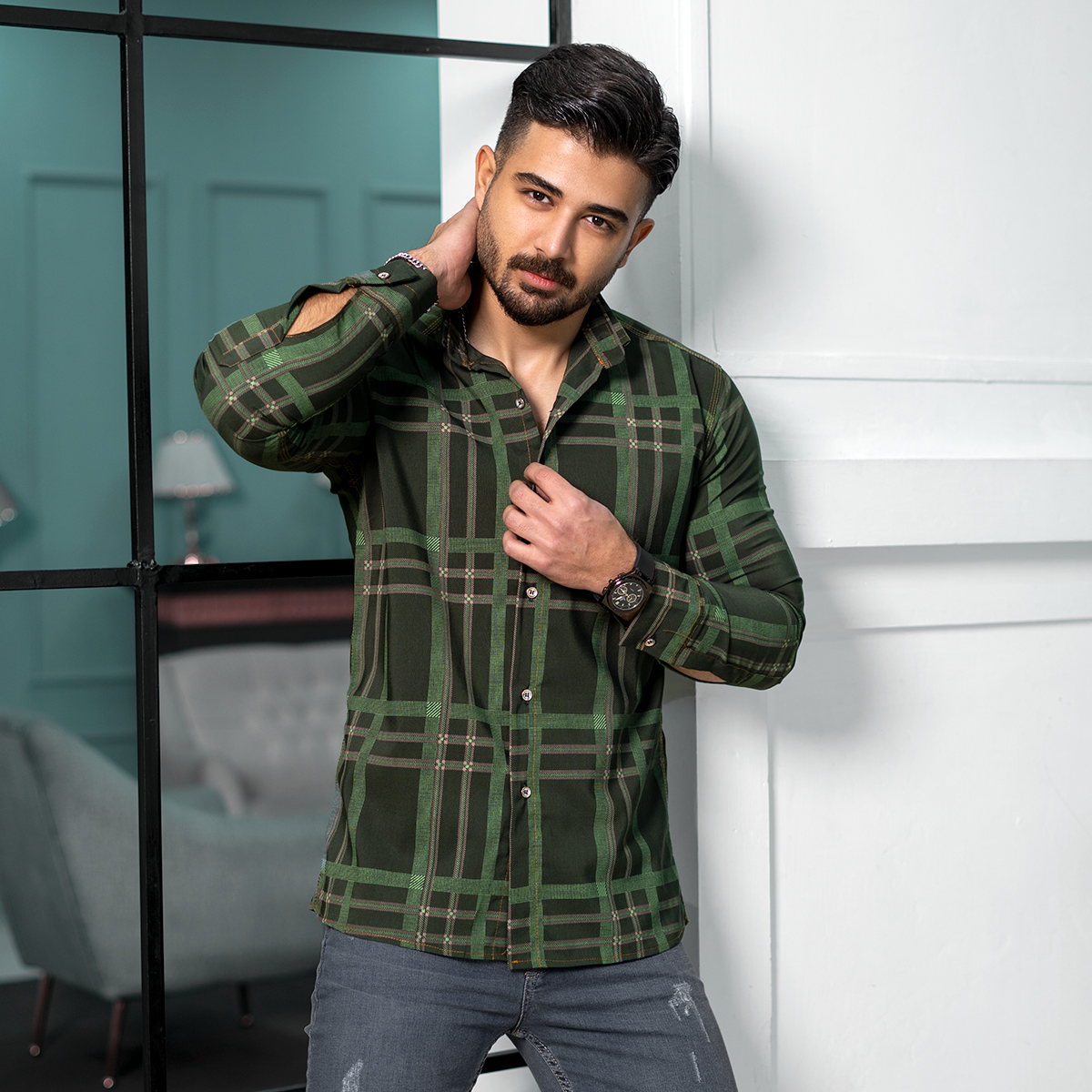 پیراهن مردانه چهارخونه سبز مدلexo