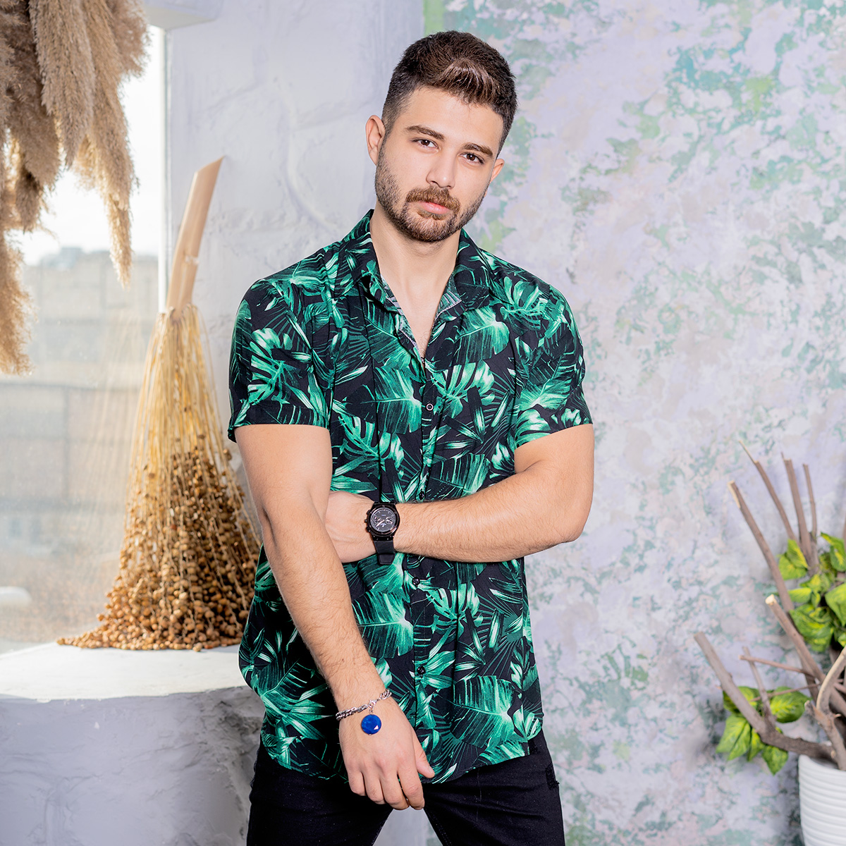 پیراهن هاوایی مردانه طرح برگ مدلEdfan