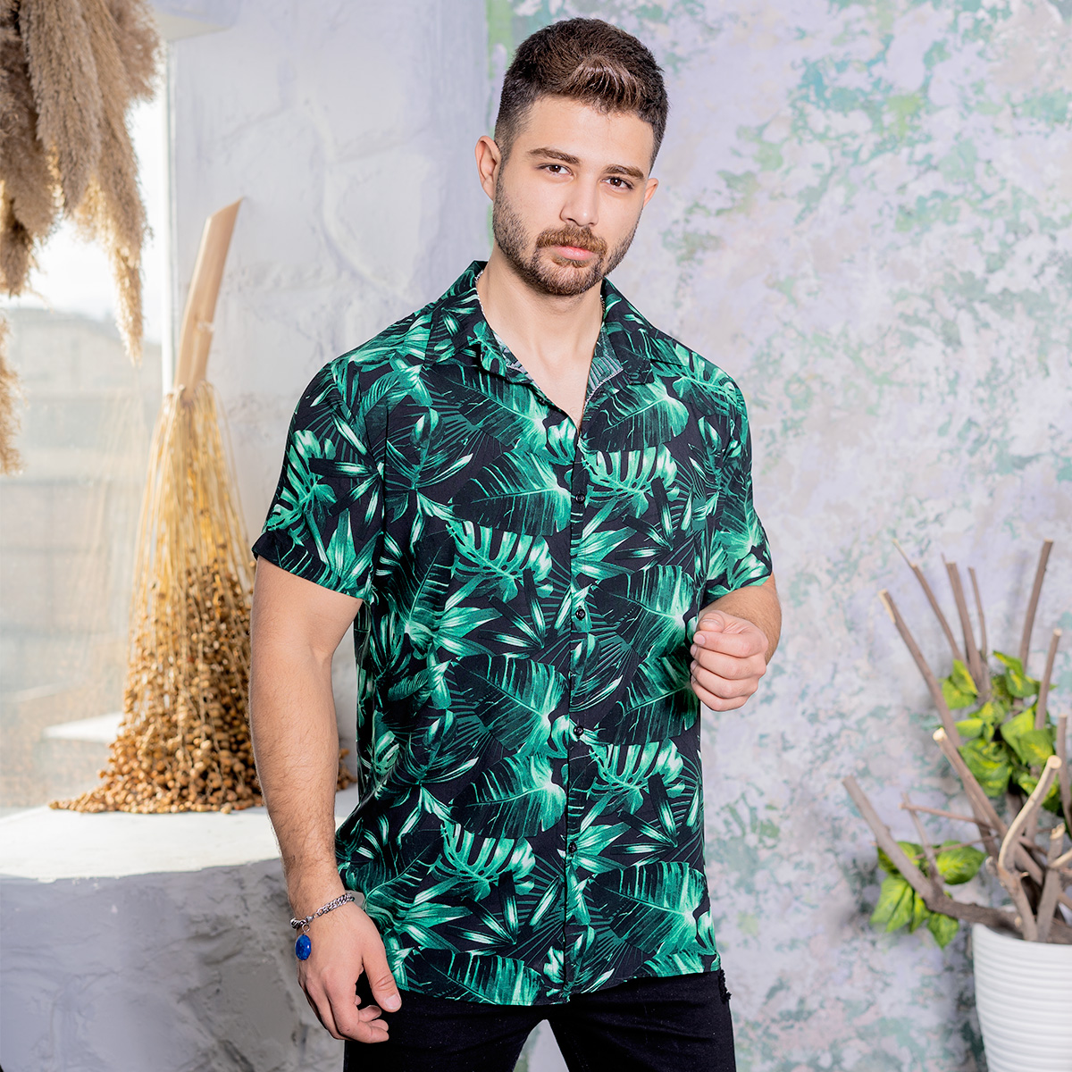 پیراهن هاوایی مردانه طرح برگ مدلEdfan