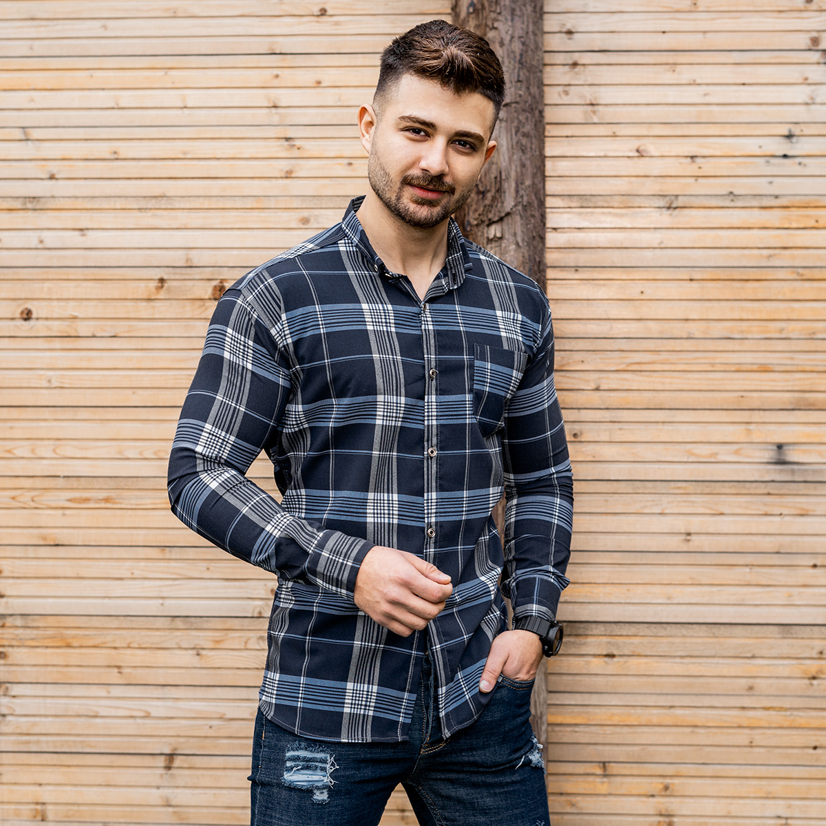 پیراهن راه راه مردانه طوسی آبی مدلwigo