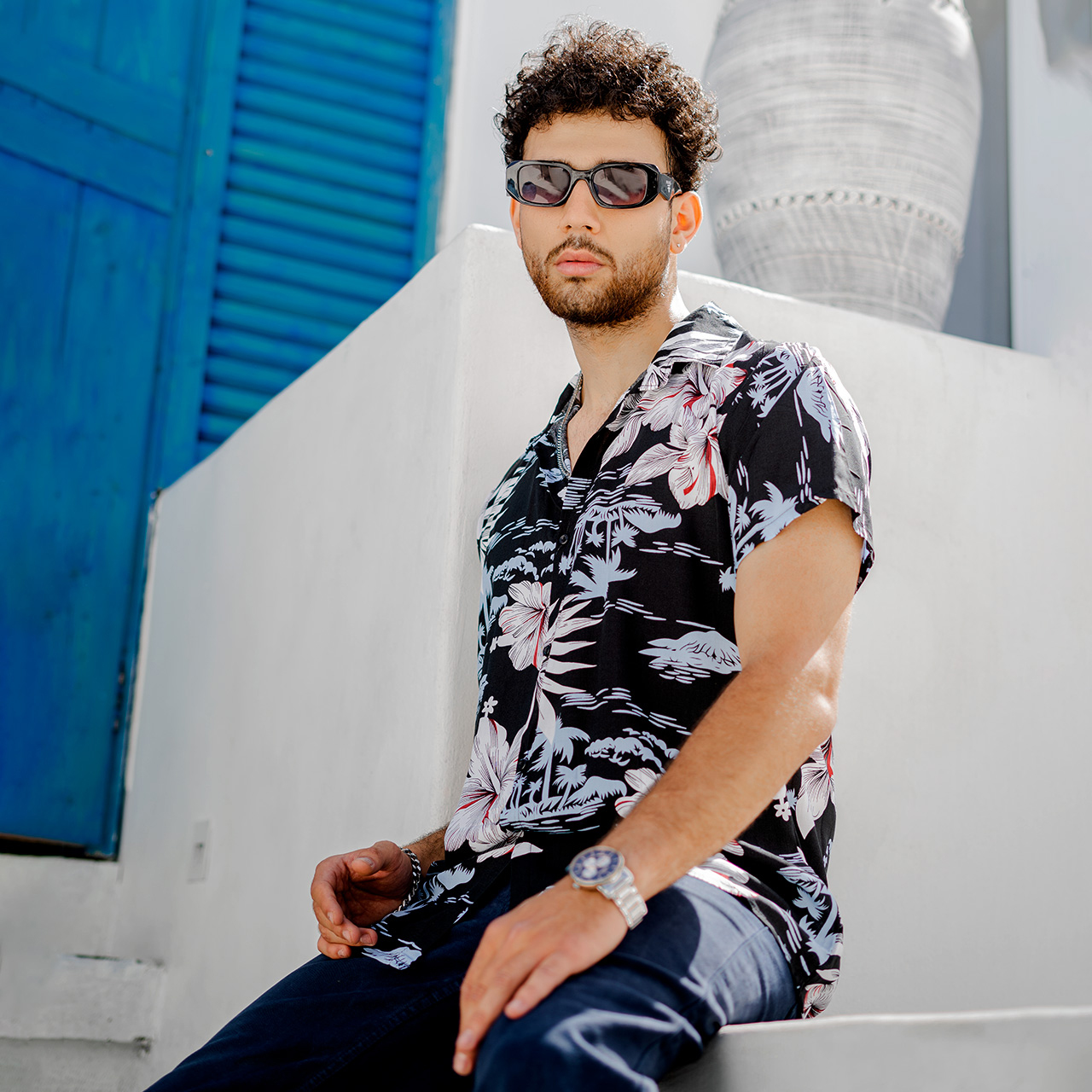 پیراهن هاوایی مردانه طرح گل آبی مدل Panin