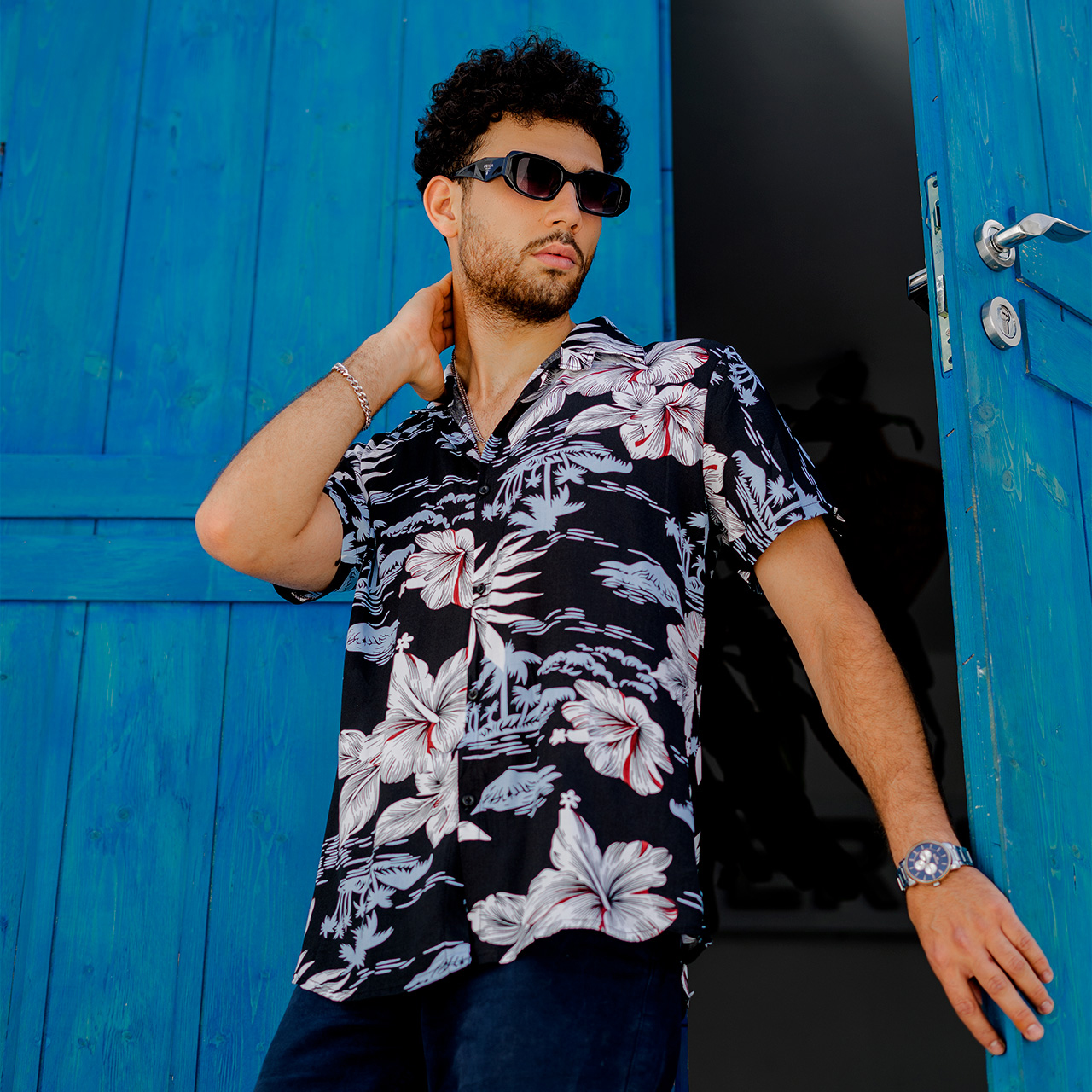 پیراهن هاوایی مردانه طرح گل آبی مدل Panin