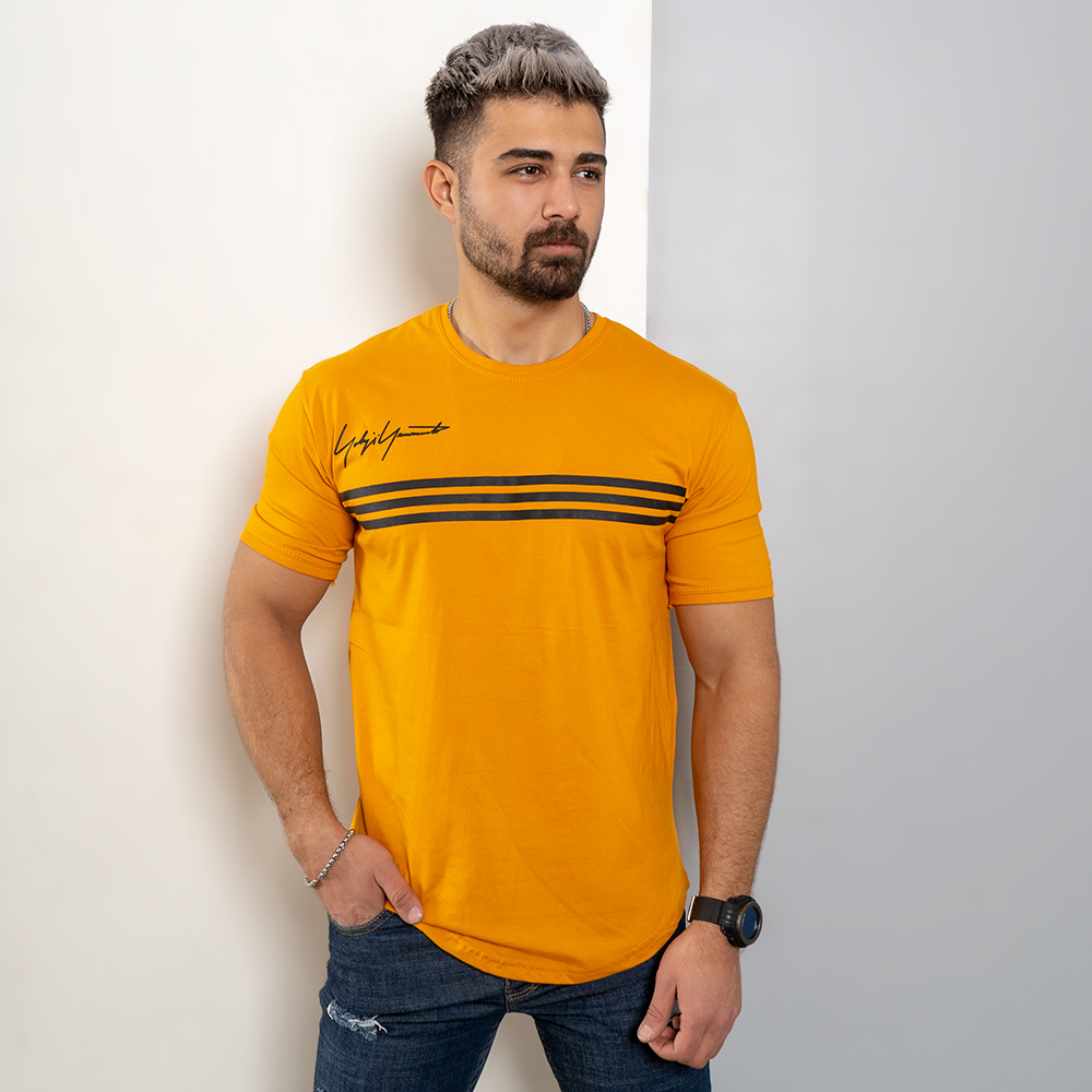 تیشرت مردانه سه خط خردلی مدل DENVER