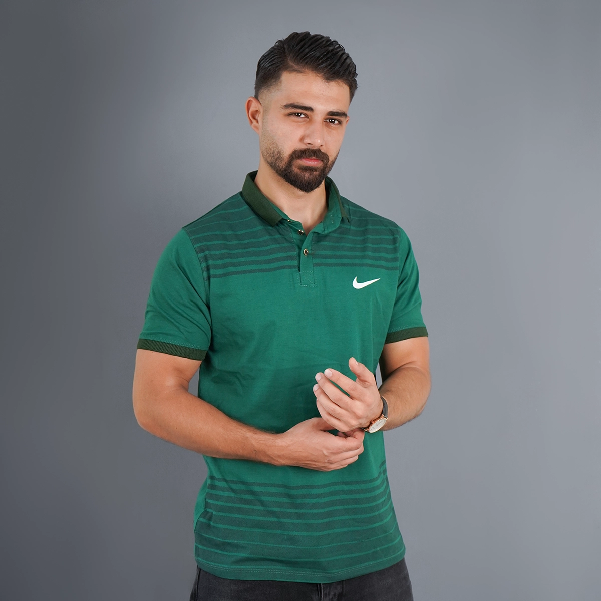 تیشرت یقه دار راه راه سبزمدل Farhan