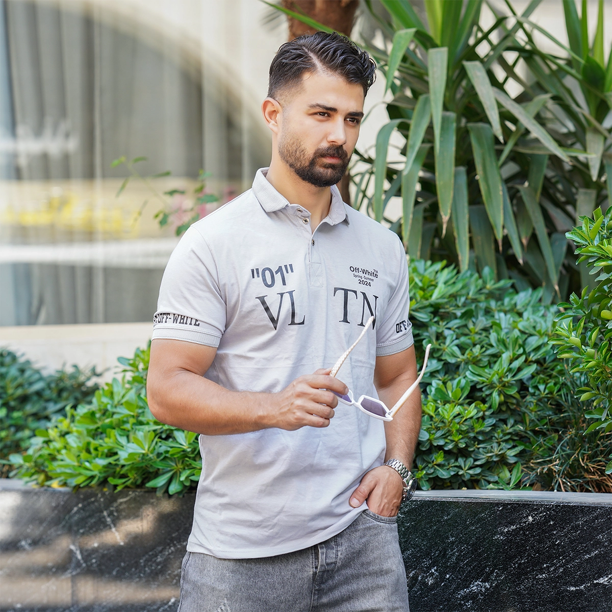 تیشرت مردانه طوسی مدل 01-LV